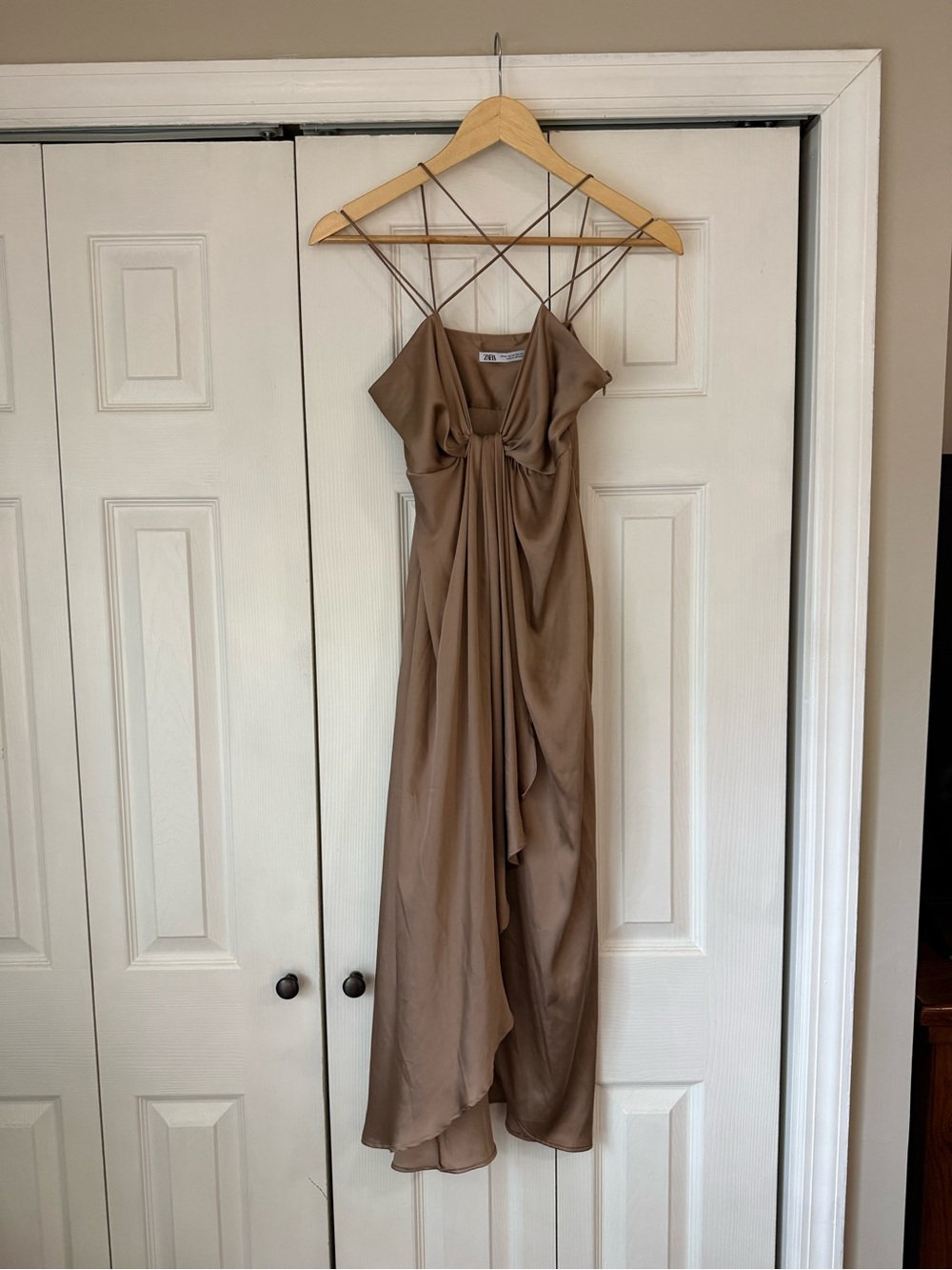 Zara Taupe Satin Maxi Dress with Twist Bodice